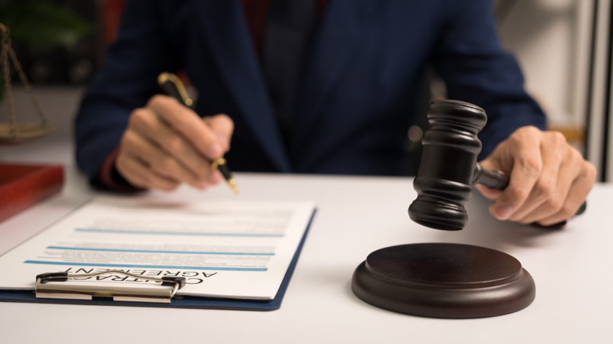 A lawyer signing a document with a gavel on the table, representing the legal process of enforcing or contesting a non-compete agreement in Texas through proper legal channels.