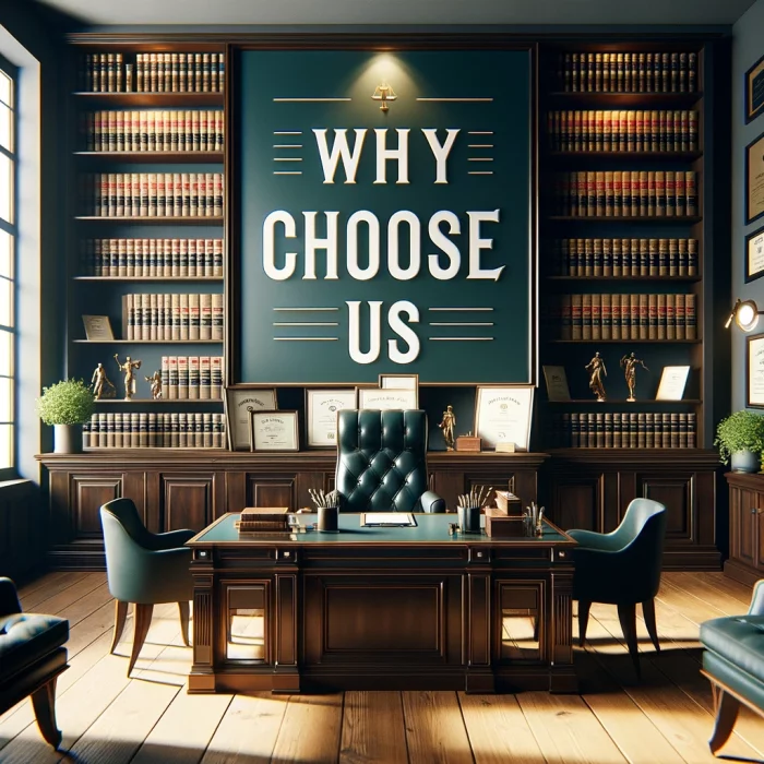 Inviting law firm reception area featuring a prominent sign that reads 'Why Choose Us'